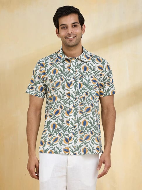 Fabindia White & Green Cotton Straight Fit Floral Print Shirt-picture-32