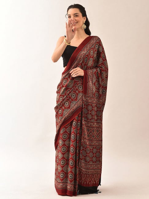 Jaypore Red Modal Printed Ajrakh Saree-picture-46