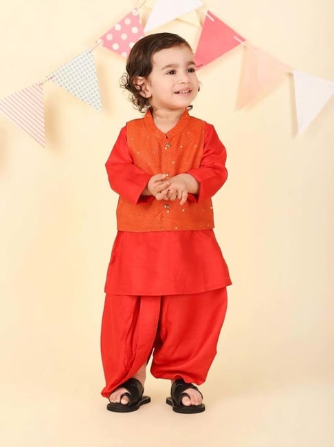 Fabindia Kids Red Regular Fit Kurta & Dhoti & Jacket-picture-21