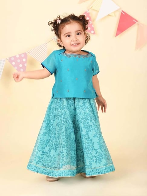 Fabindia Kids Blue Regular Fit Printed Lehenga Set