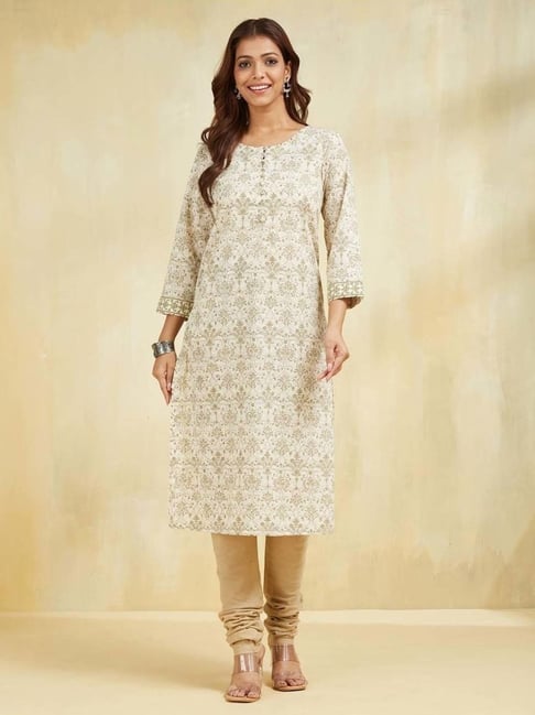 Fabindia Green & White Cotton Regular Fit Printed Kurta-picture-28