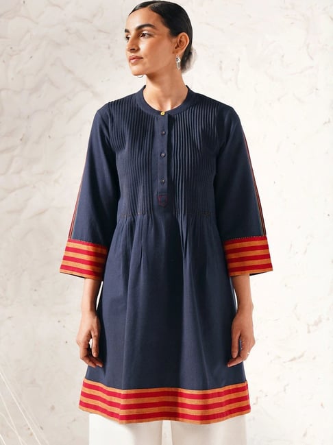 Jaypore Navy Blue Hand Woven Flare Fit Tunic-picture-23