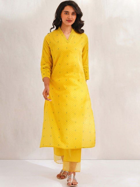 Jaypore Yellow Block Printed Straight Fit Kurta-picture-37