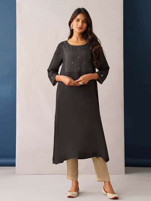 Jaypore Black Kantha Embroidered Straight Fit Kurta-picture-28