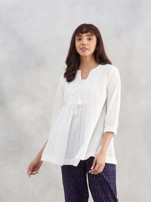 Fabindia White Cotton Regular Fit Embroidered Tunic-picture-10