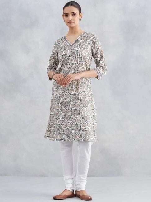 Fabindia Off White & Green Cotton Regular Fit Floral Print Kurta-picture-35