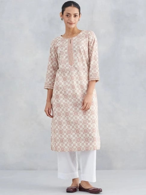 Fabindia Off White & Pink Cotton Regular Fit Printed Kurta-picture-16