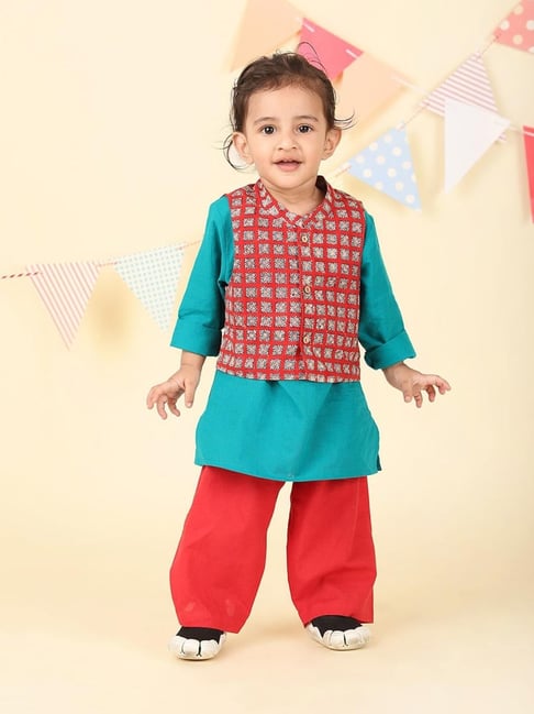 Fabindia Infant Boys Teal Cotton Printed Kurta Sets-picture-28