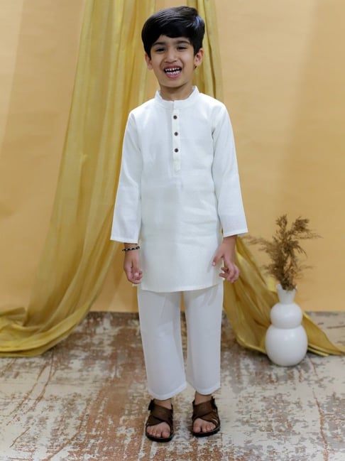 The Mom Store Boys White Cotton Kurta With Pajama Set