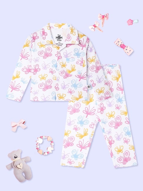 The Mom Store Kids White Cotton Printed Night Suits