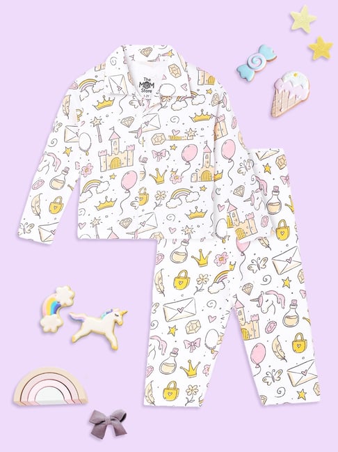 The Mom Store Kids White Cotton Printed Night Suits