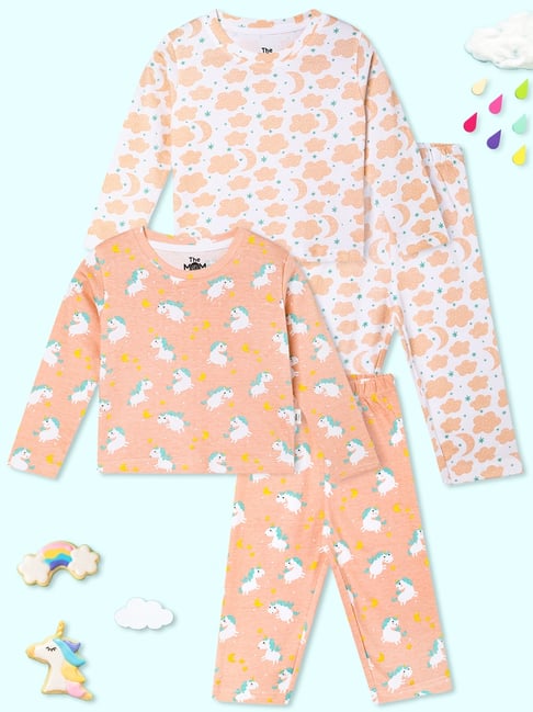 The Mom Store Kids Multicolor Cotton Printed Night Suits -pack of 2