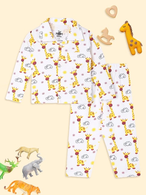 The Mom Store Kids White Cotton Printed Night Suits