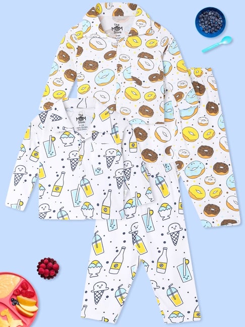 The Mom Store Kids White Cotton Printed Night Suits - Pack of 2
