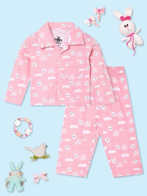 The Mom Store White Cotton Printed Baby Pajama set