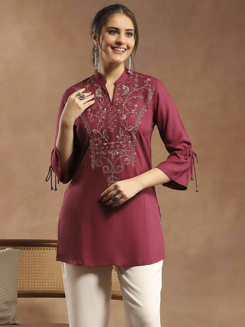 Nayam by Lakshita Burgundy Cotton Embroidered Kurti