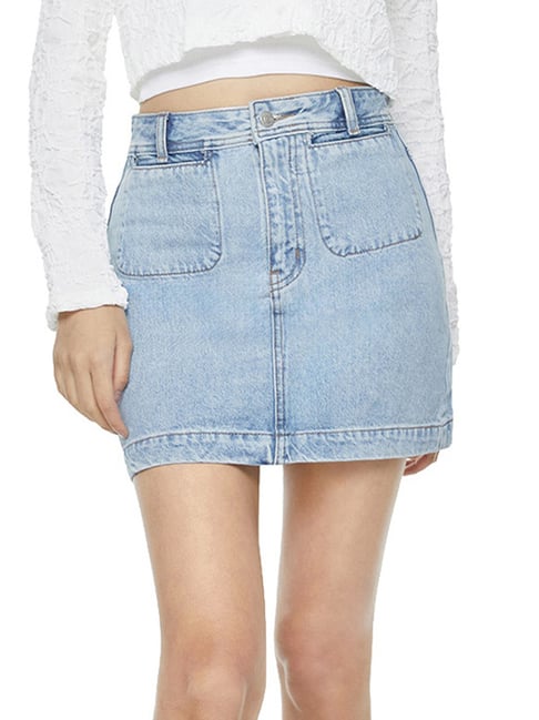 Mixxo Indigo 10 Cropped Modal Slacks Mid Rise Straight Fit Above Knee Mini Denim Skirt