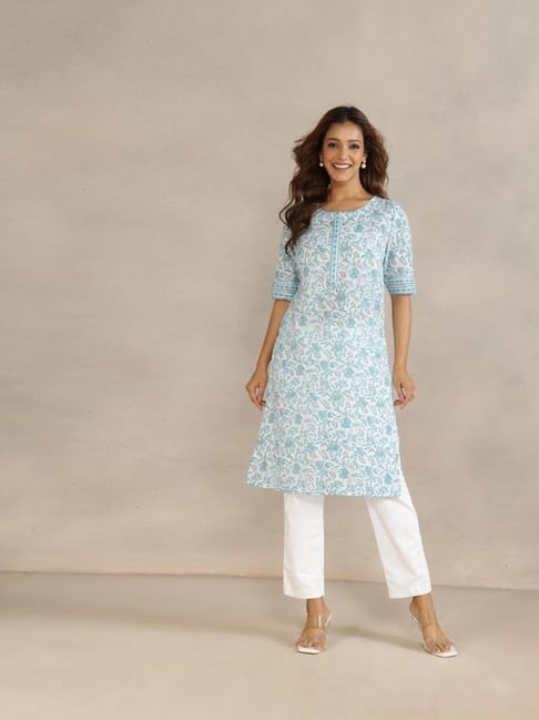 Fabindia White Cotton Printed Regular Fit Kurta-picture-18