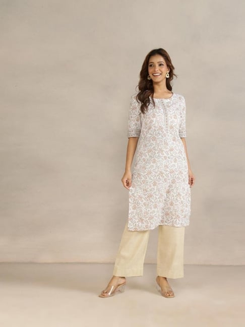 Fabindia White Cotton Printed Regular Fit Kurta-picture-21