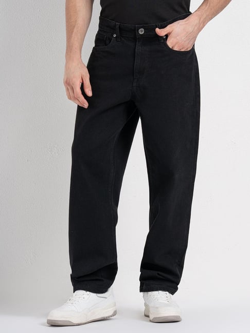 Red Tape Black Cotton Solid Relaxed Fit Jeans