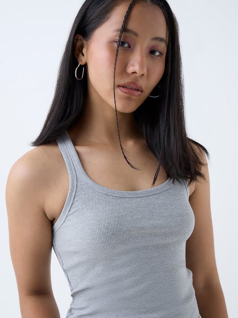 Nuon by Westside Grey Ribbed Cotton-Blend Tank Top