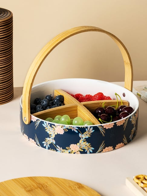 White Gold Multicolour Porcelain Snack Bowl with Wooden Handle Lid