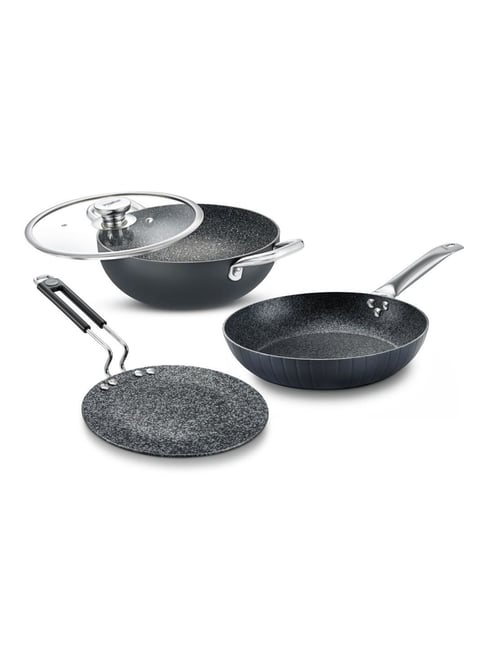 Prestige Durastone BYK Hard Anodised cookware Set of 3-Tawa, Kadai & Fry Pan Black & Grey