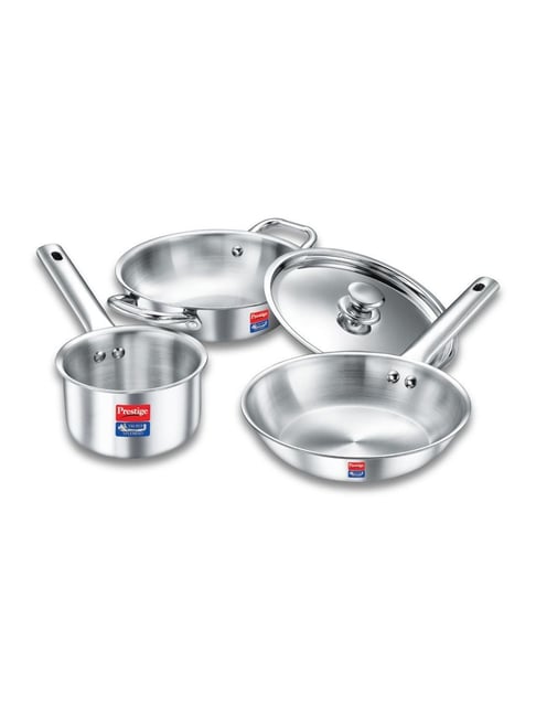 Prestige Triply Splendid BYK Induction Bottom 4Pc Cookware set-Kadai-22cm, Stainless Steel Lid-22cm, Fry Pan-22cm, Sauce Pan-14cm Silver
