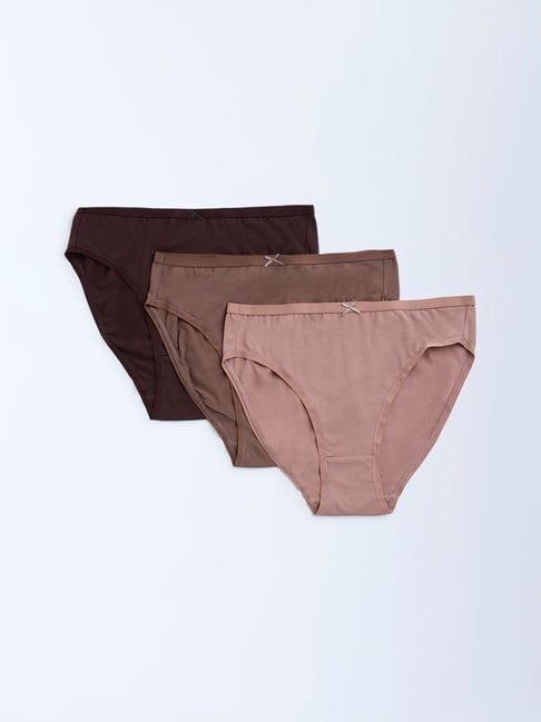 Wunderlove by Westside Brown Cotton-Blend Hi-Leg Briefs ¿ Pack of 3