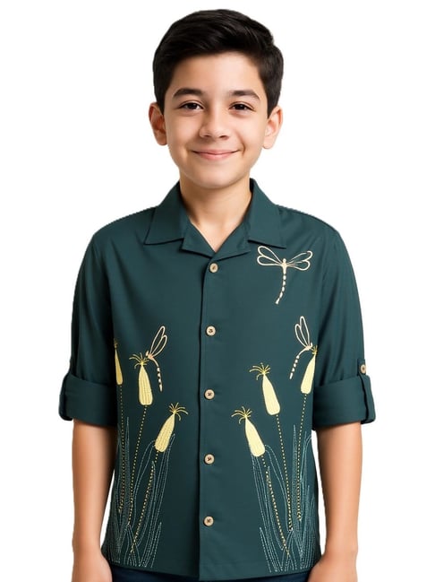Charchit Boys Dark Green Cotton Embroidered Regular Fit Shirt-picture-30