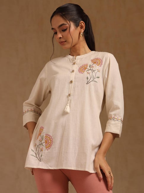 Soch Beige Cotton Flex Embroidered Three-Quarter Sleeves Tunic-picture-29