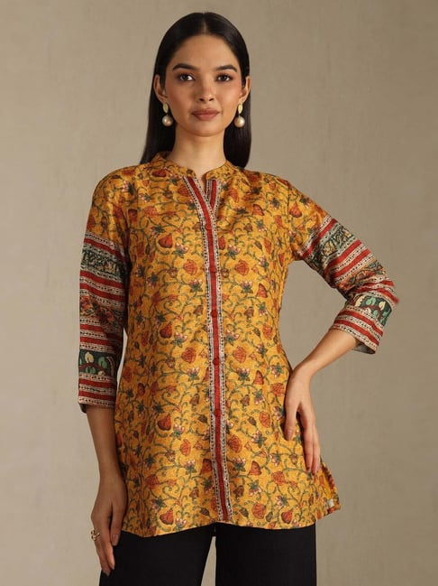 Soch Mustard Art Silk Floral Three-Quarter Sleeves Tunic