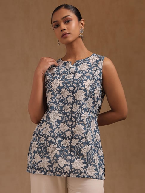 Soch Blue Cotton Floral Sleeveless Tunic