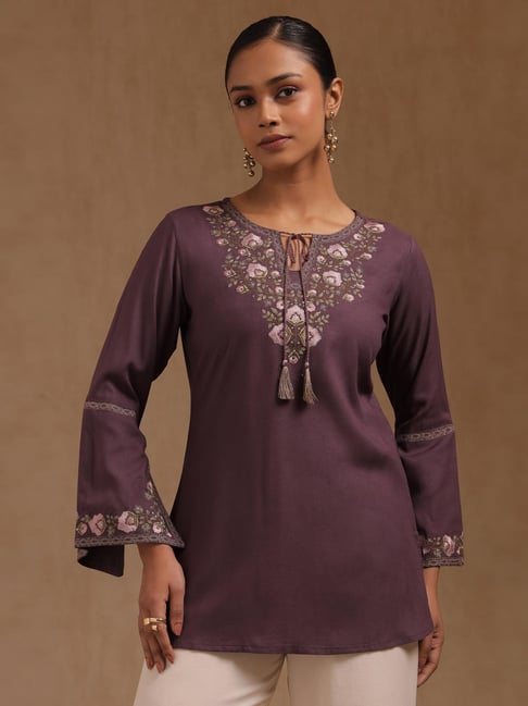 Soch Purple Rayon Embroidered Long Sleeves Tunic
