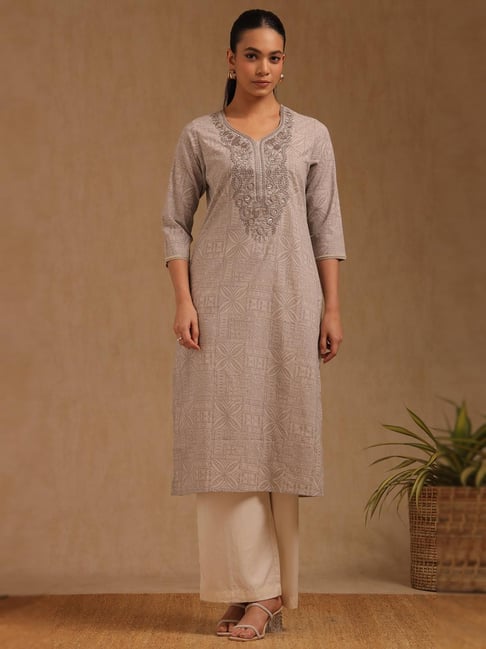Soch Grey Cotton Slub Embroidered Three-Quarter Sleeves Kurta-picture-20