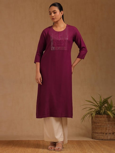Soch Magenta Rayon Slub Embroidered Three-Quarter Sleeves Kurta-picture-32