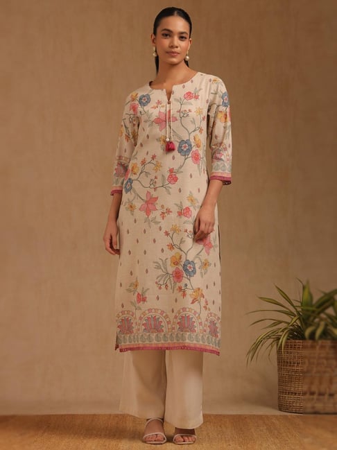Soch Beige Linen Floral Three-Quarter Sleeves Kurta-picture-34