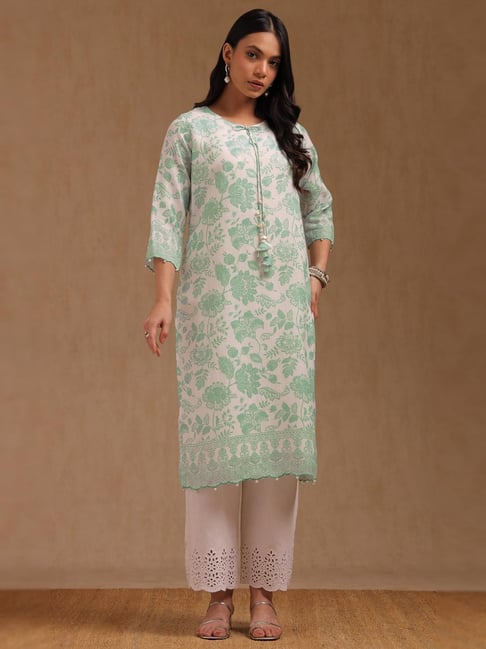 Soch Off White Linen Floral Three-Quarter Sleeves Kurta-picture-42