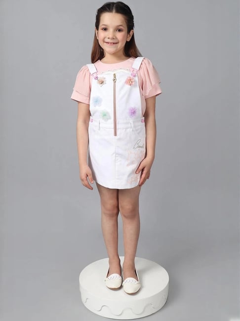 One Friday Kids White Floral Regular Fit Dungaree-picture-34
