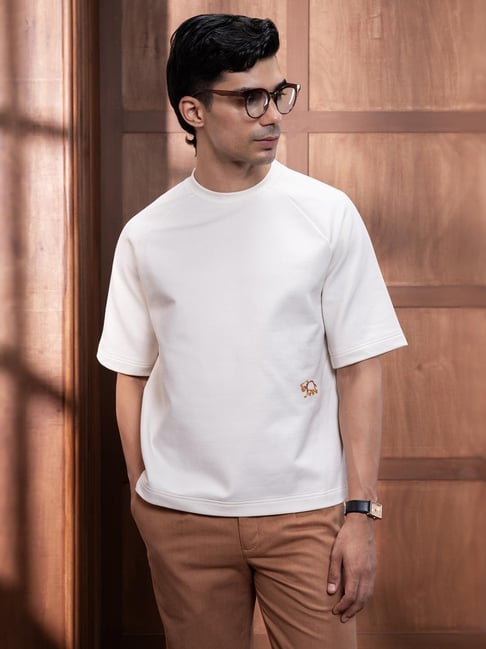 Andamen Off-White Cotton Solid Relaxed Fit T-Shirt-picture-13