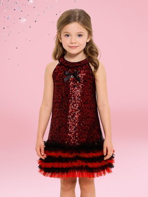 Cutecumber Girls Maroon Sequin Straight Fit Embellished Party Dress-picture-46