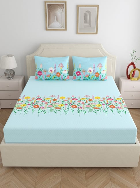 Home Ecstasy Snowdrift Blue Cotton Floral 140 TC King Bedsheet with 2 Pillow Covers-picture-31