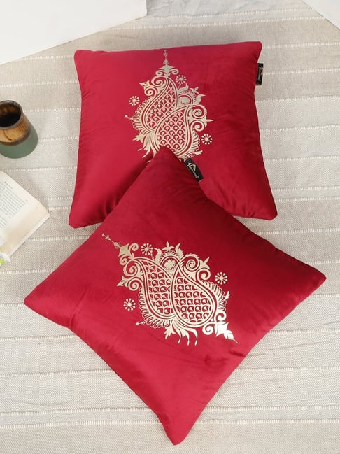 HOSTA HOMES Maroon Velvet Geometric Golden Foil Cushion Covers - Set of 2