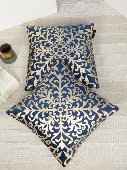 HOSTA HOMES Blue Velvet Geometric Golden Foil Cushion Covers Set of