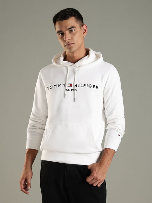 Tommy Hilfiger White Cotton Regular Fit Logo Printed Hooded Sweatshirt