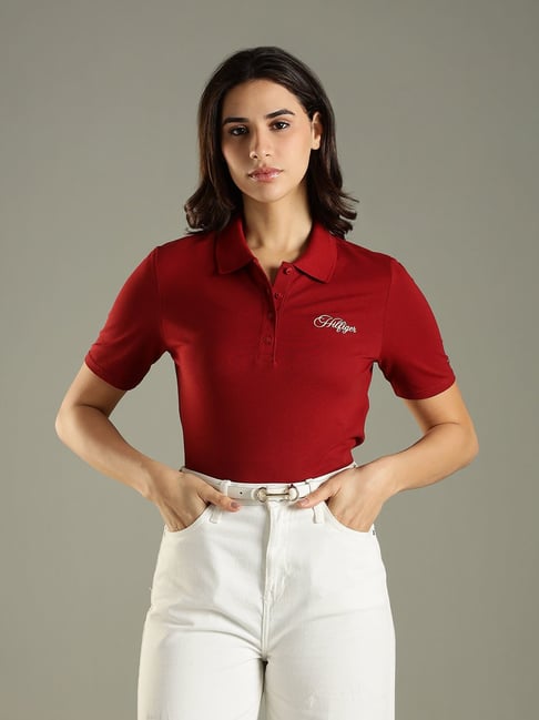 Tommy Hilfiger Maroon Cotton Regular Fit Logo Printed Top-image-8