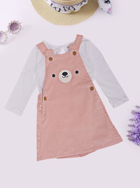 Pantaloons Baby Girls Pink Dogwood Striped Dungaree Set