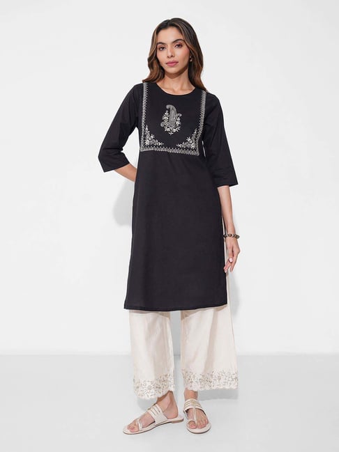 Rangmanch By Pantaloons Charcoal Black Regular Fit Embroidered Kurta-picture-42
