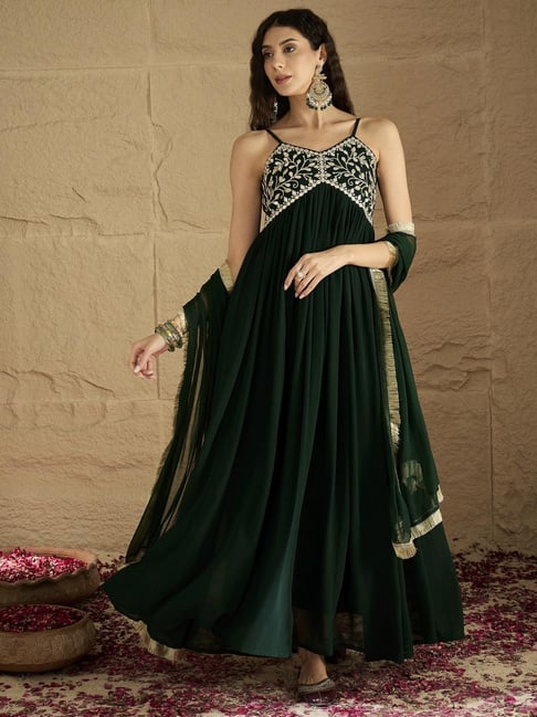 Varanga Green Regular Fit Solid Kurta and Dupatta-picture-13
