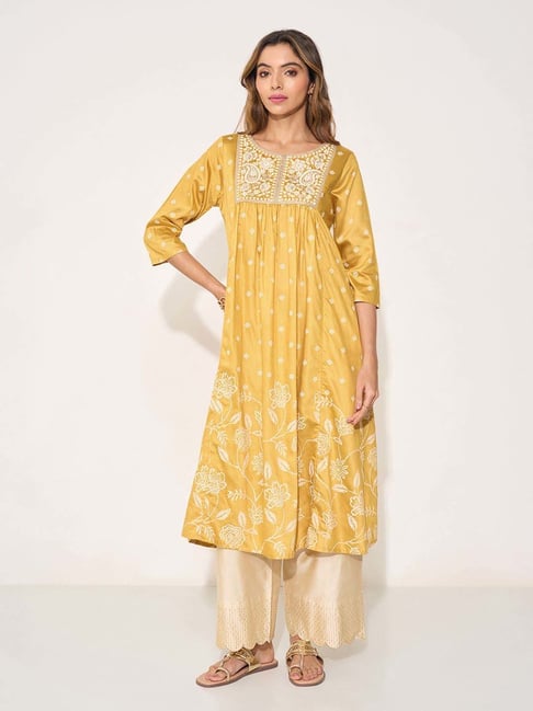 Rangmanch By Pantaloons Yellow Regular Fit Embroidered Kurta